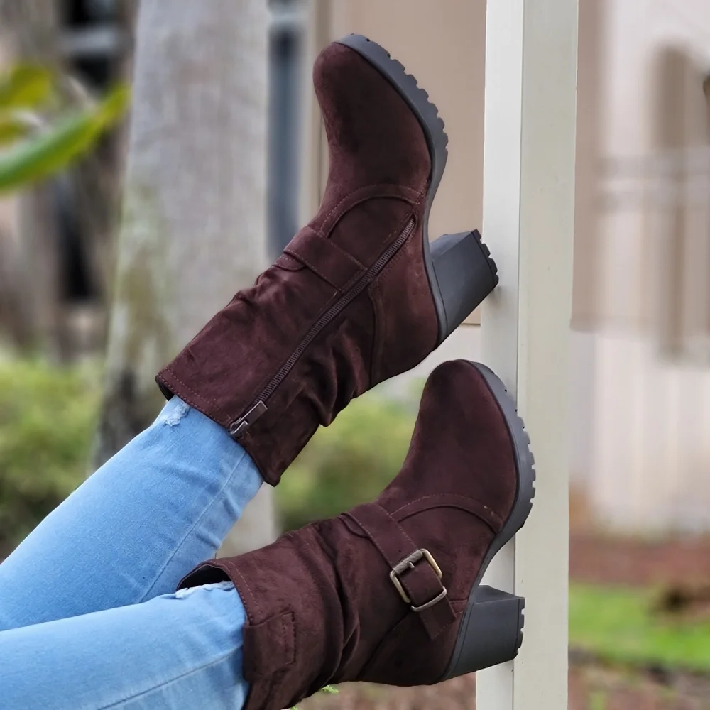 Women's Brown Chelsea Chunky Block High Heel Above Ankle Boots - Picture 4 of 6